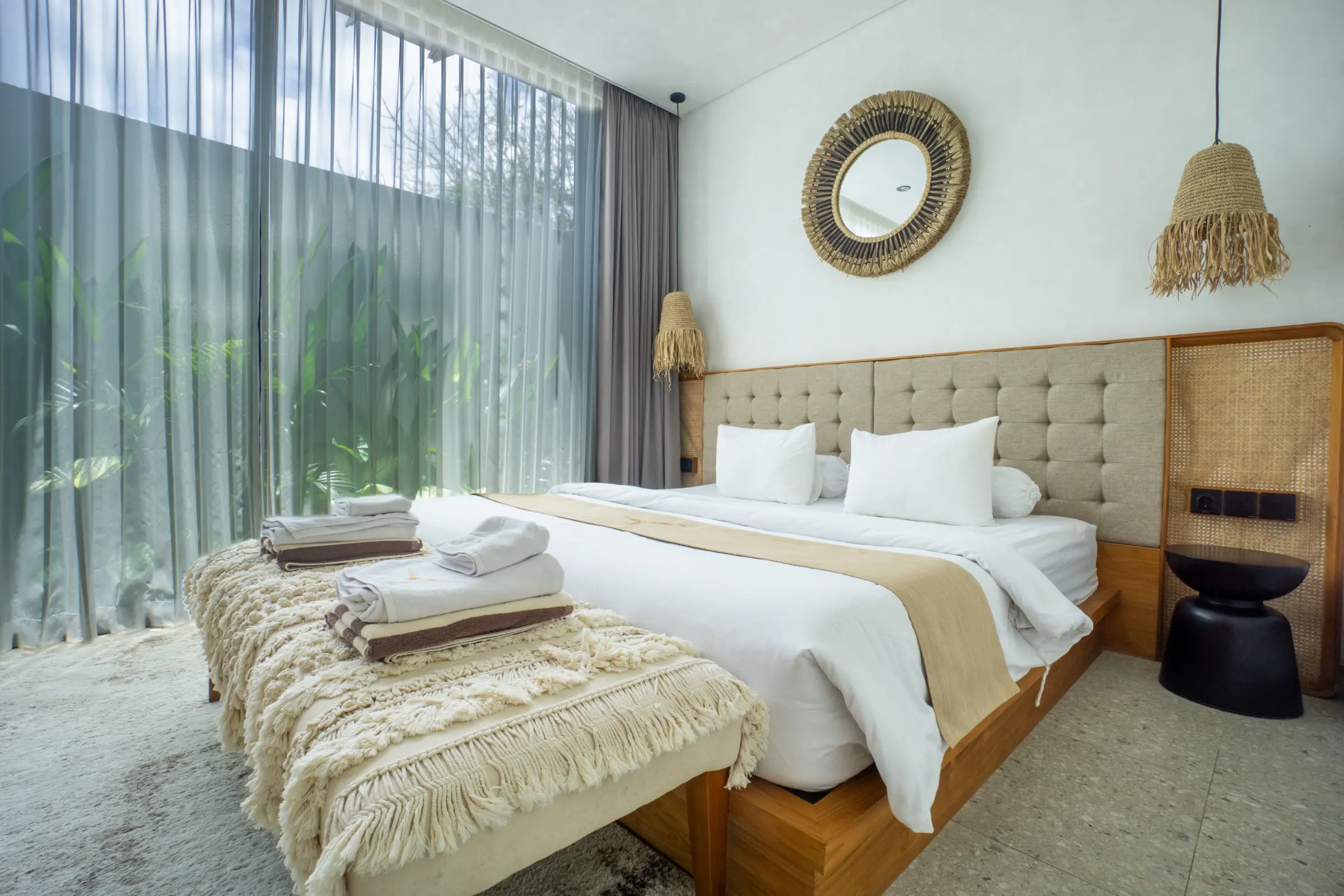 Double bedroom with rattan lighting and garden outlook, Rahya Villas, Uluwatu