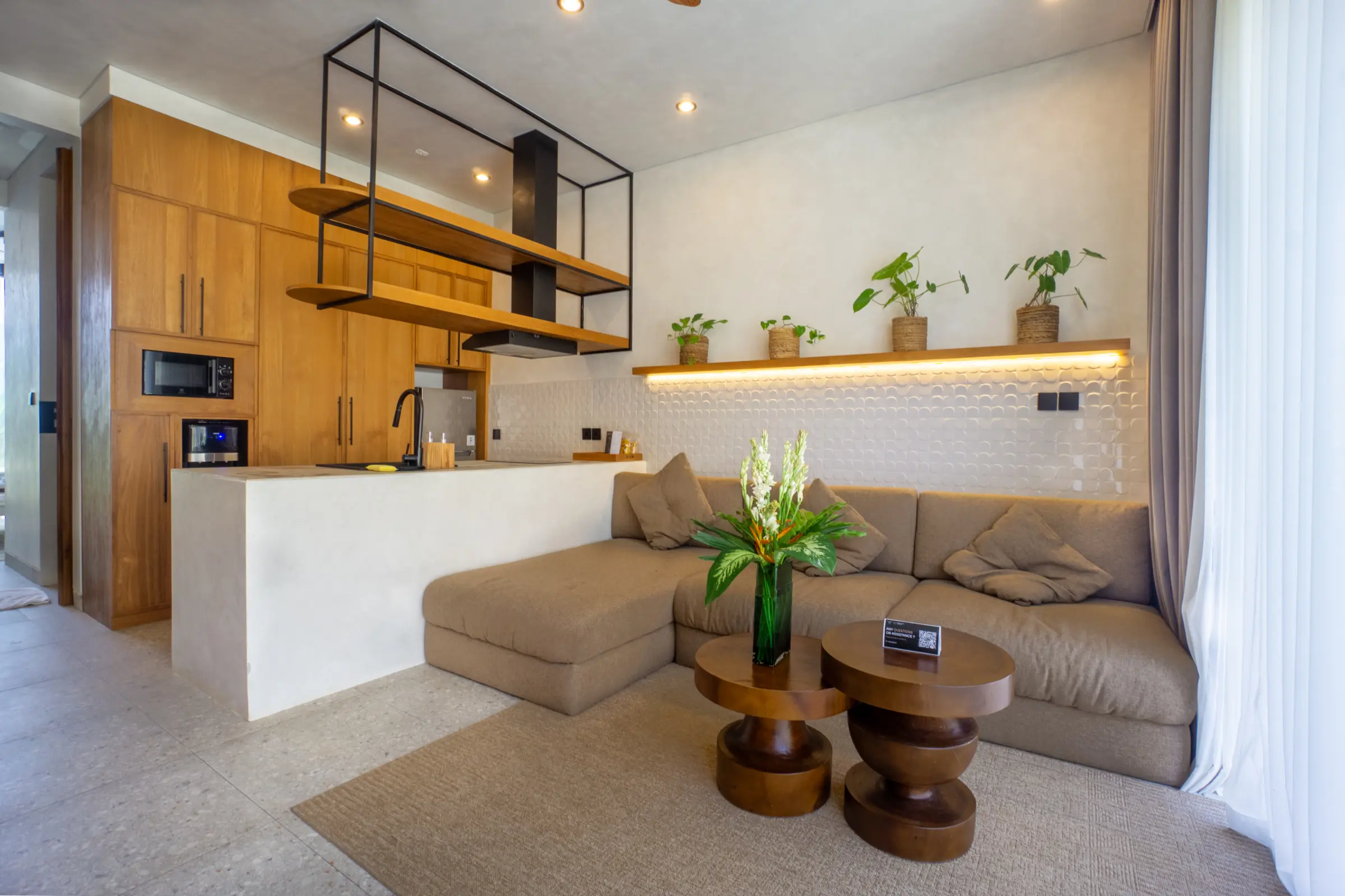 Open kitchen with breakfast counter and lounge seating, Rahya Villas, Uluwatu