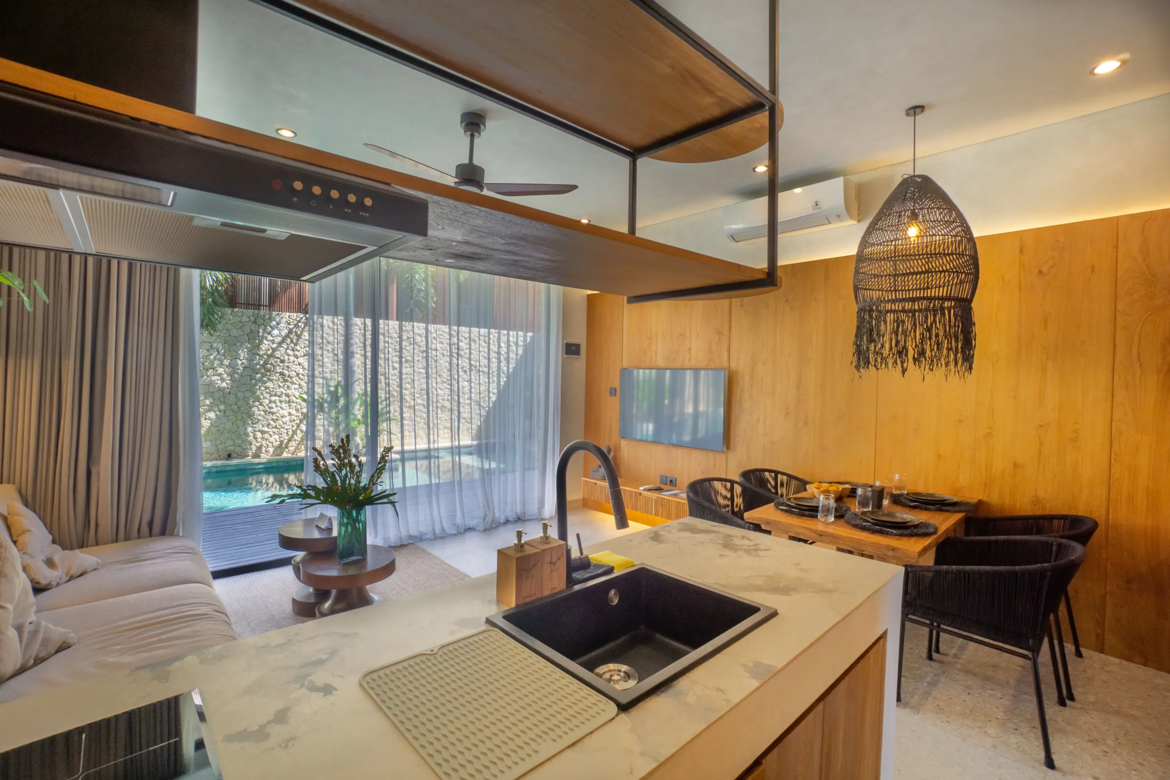 Kitchen island and dining area with pool view, Rahya Villas, Uluwatu