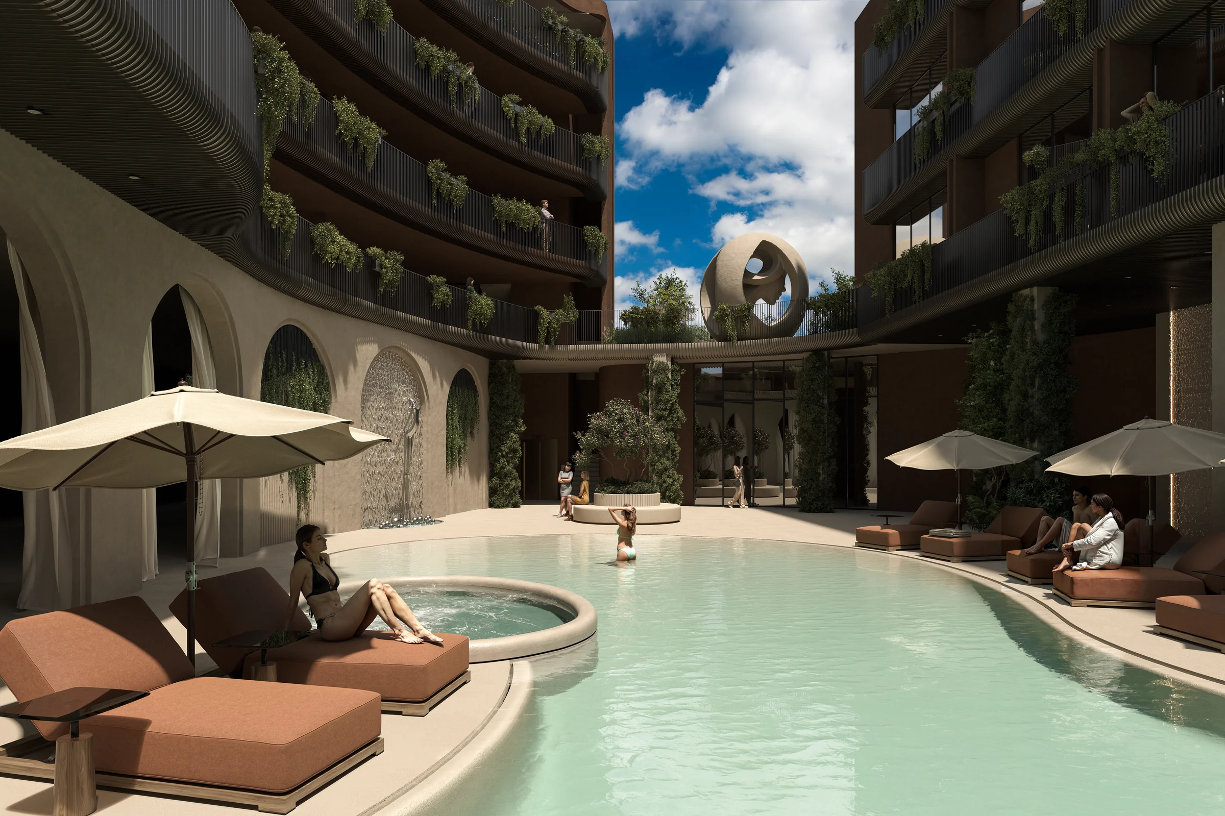 Courtyard pool with loungers at Body Sense wellness resort, Bali