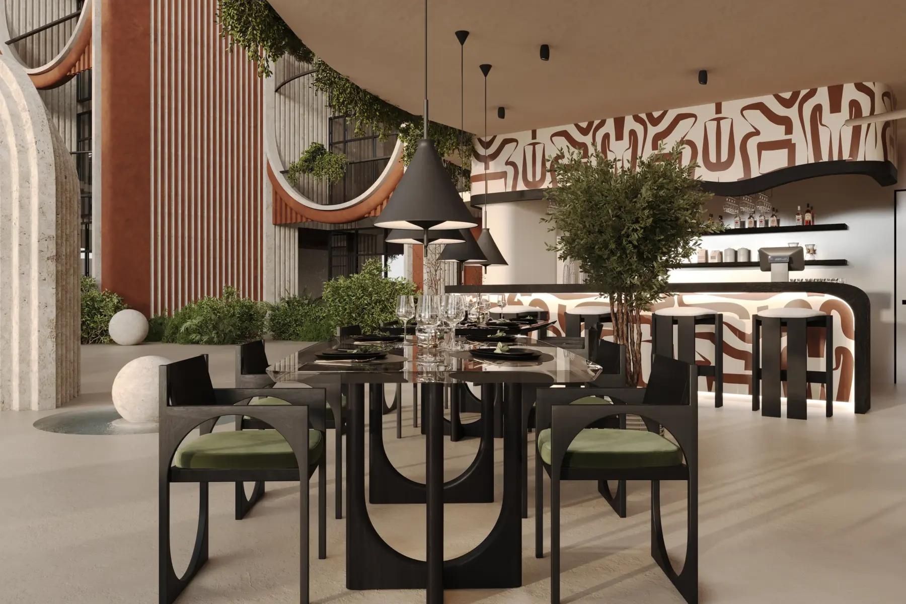 Restaurant and bar interior at Eighth Sense, Bali
