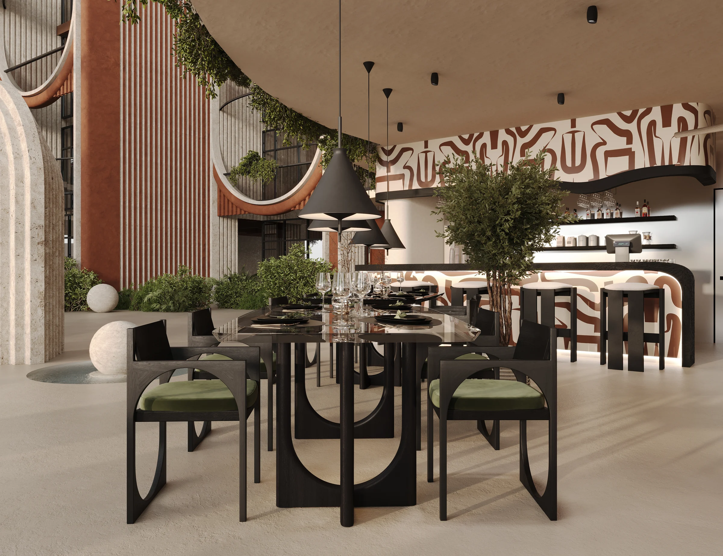 Restaurant and bar interior at Eighth Sense, Bali