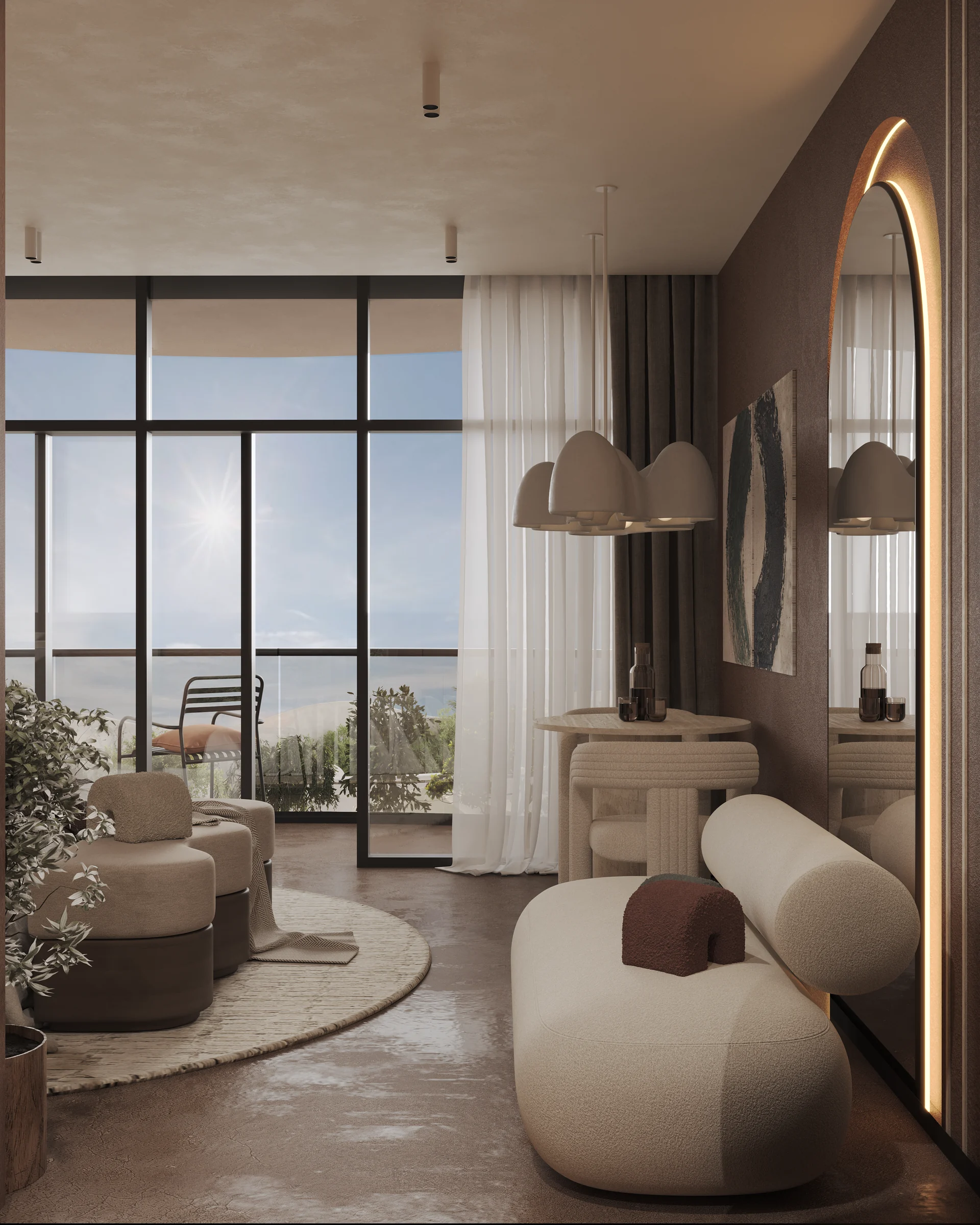 Living room with floor-to-ceiling ocean view at Eighth Sense, Bali