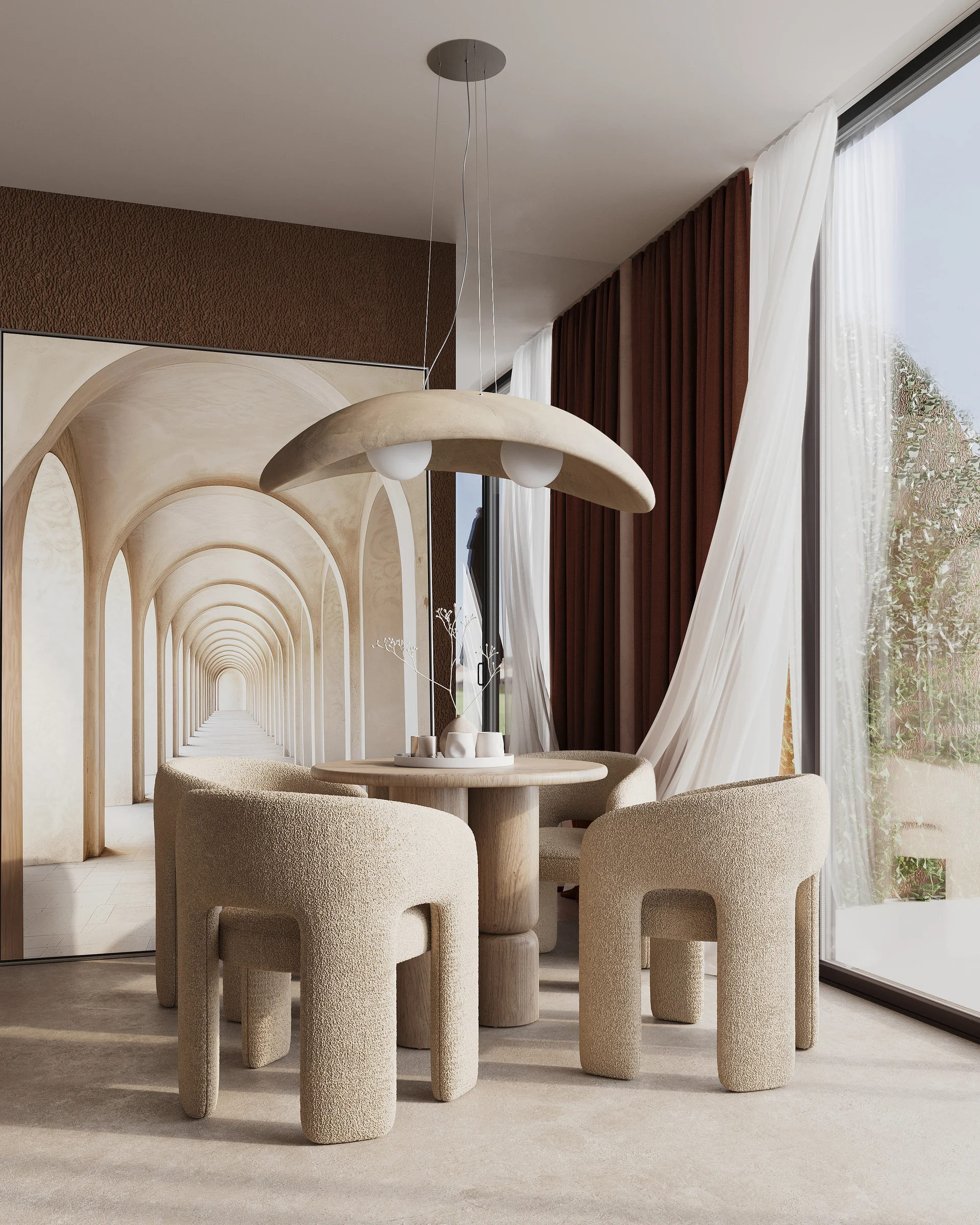 Dining area under arched ceilings at Eighth Sense, Bali