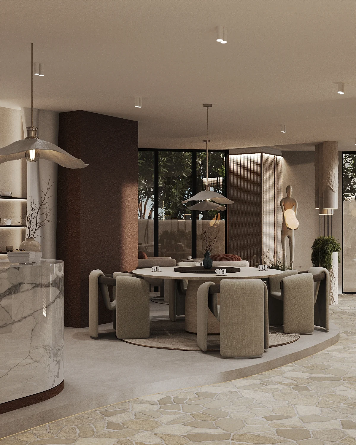 Dining room with marble counter at Eighth Sense, Bali
